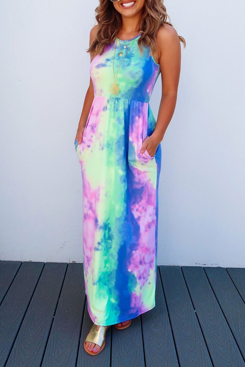 Oklulu Tie-dye Printed Multicolor Maxi Dress