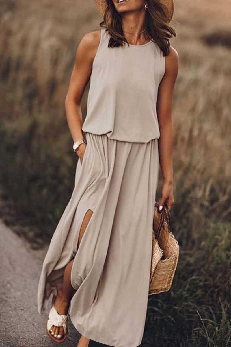 Oklulu Bohemian Sleeveless Side Slit Maxi Dress