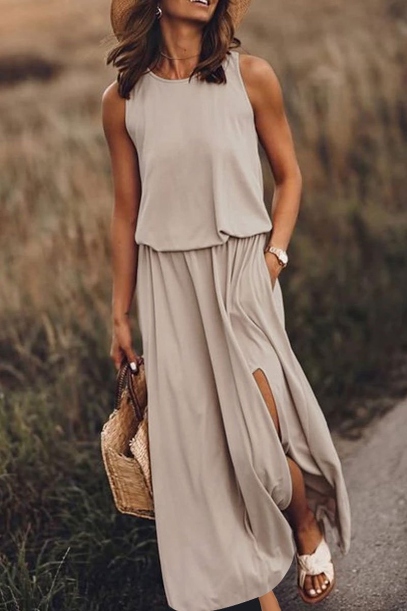 Oklulu Bohemian Sleeveless Side Slit Maxi Dress