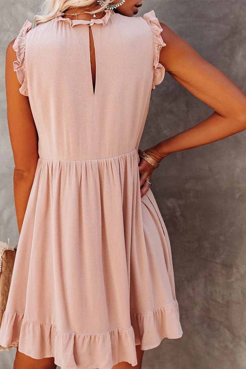 Oklulu Solid Color Ruffled Waist Mini Dress