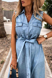 Oklulu Sleeveless Lace-Up Single-Breasted Denim Midi Dress