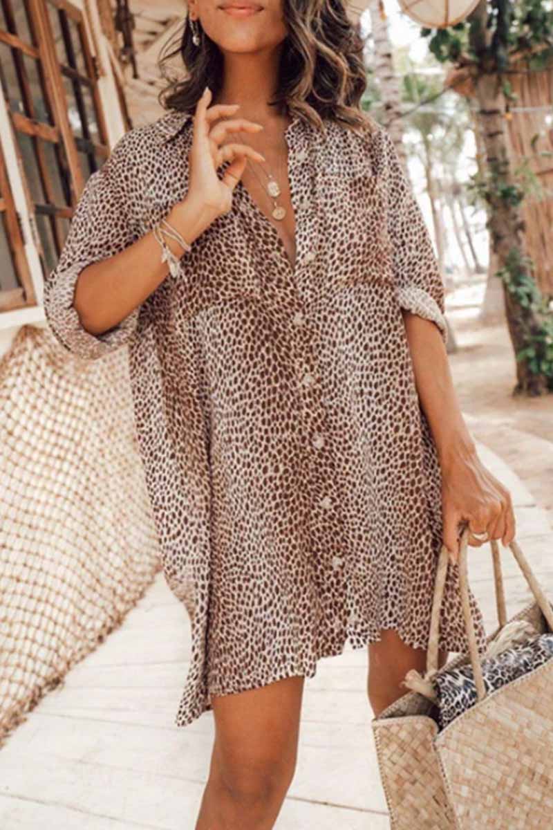 Oklulu Leopard Print Long Sleeve Shirt Mini Dress