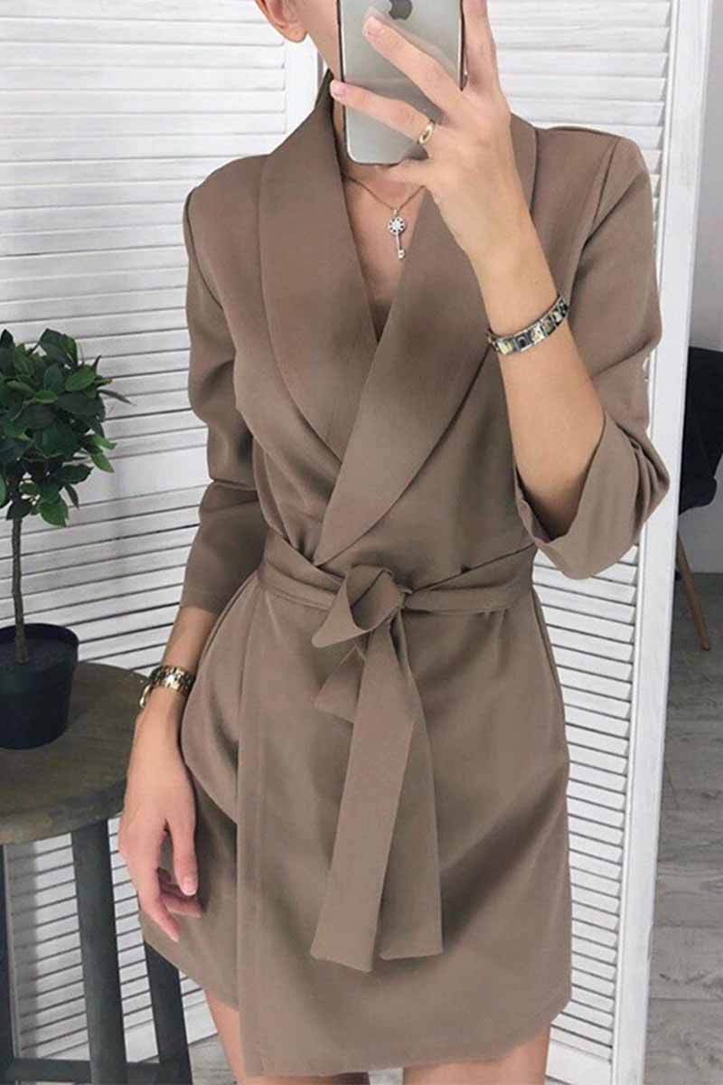 Oklulu Solid Color Long Sleeve Suit Collar Mini Dresses(4 Colors)