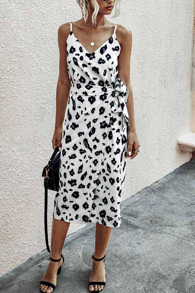 Oklulu V Neck Print Dress With Belts(4 Colors)