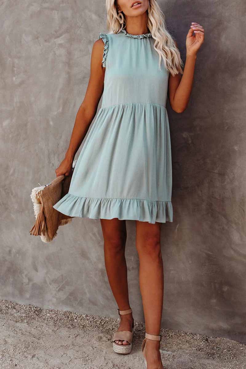 Oklulu Solid Color Ruffled Waist Mini Dress