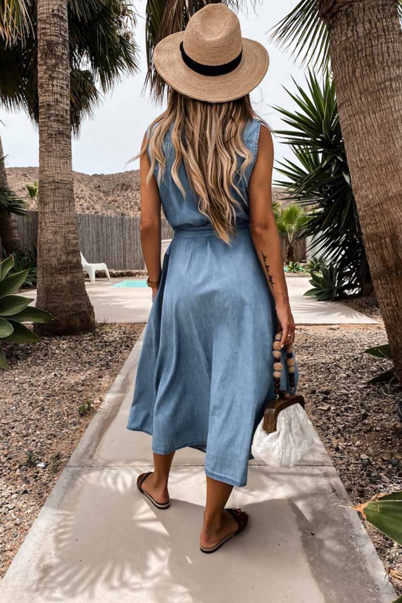 Oklulu Sleeveless Lace-Up Single-Breasted Denim Midi Dress