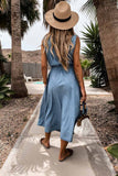 Oklulu Sleeveless Lace-Up Single-Breasted Denim Midi Dress