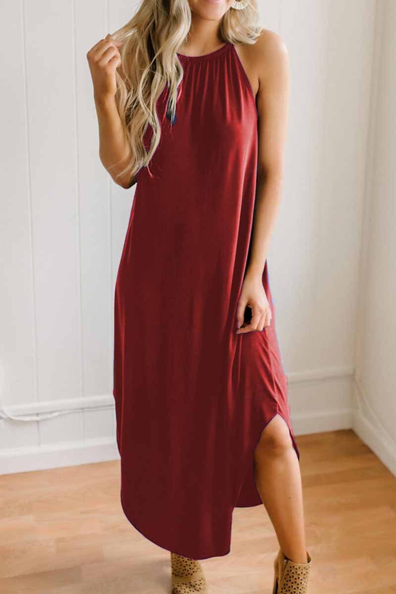 Oklulu Loose Sexy Solid Color Sling Midi Dress