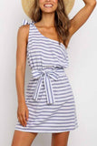 Oklulu Summer Sexy One-Shoulder Lace-Up Stripes Mini Dress