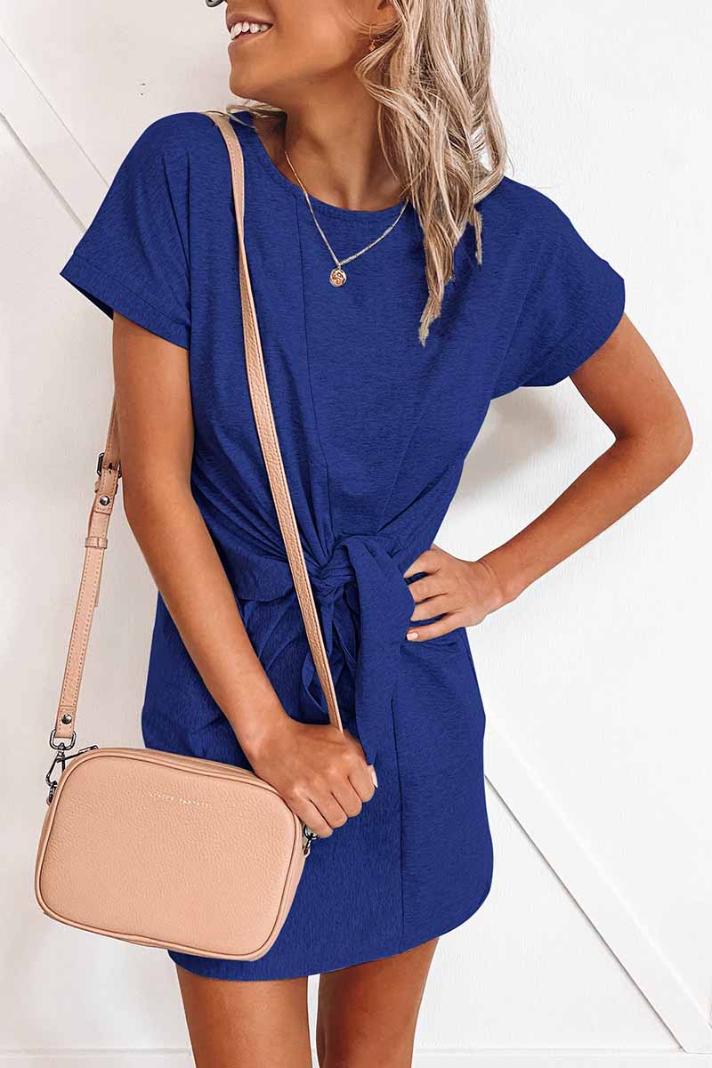 Oklulu Loose Tie Solid Color Short Sleeves Mini Dress(6 colors)