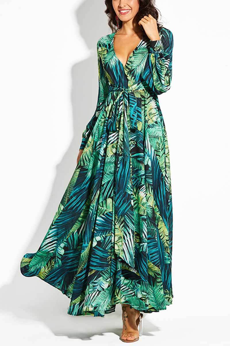 Oklulu V-Neck Leaf Print Maxi Dress