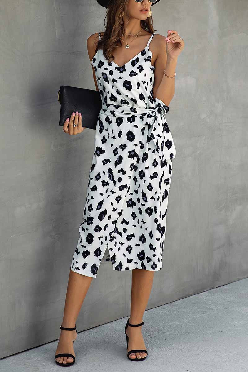 Oklulu V Neck Print Dress With Belts(4 Colors)