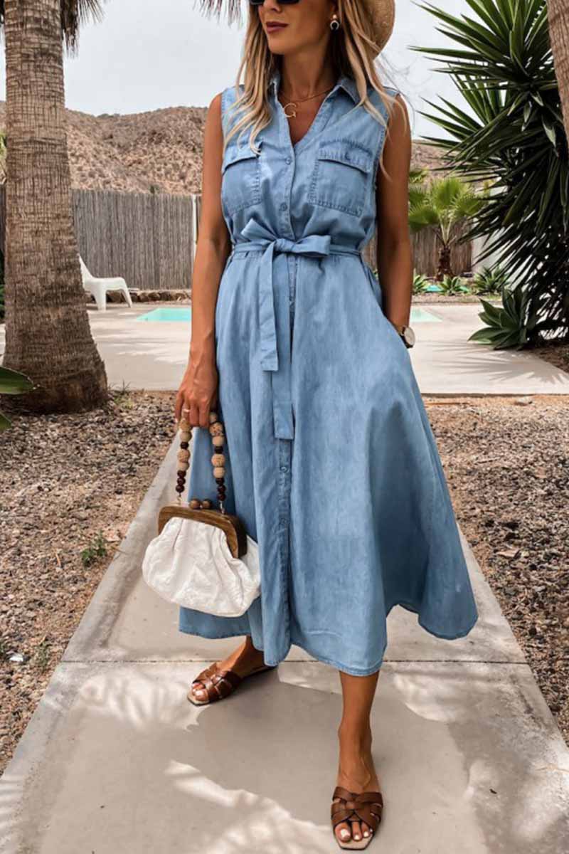 Oklulu Sleeveless Lace-Up Single-Breasted Denim Midi Dress