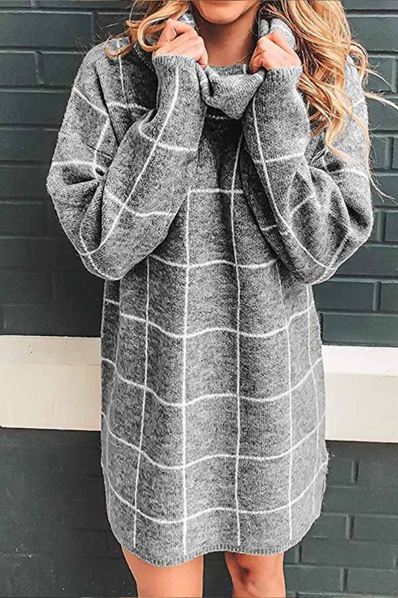 Oklulu High Collar Plaid Loose Mini Dress