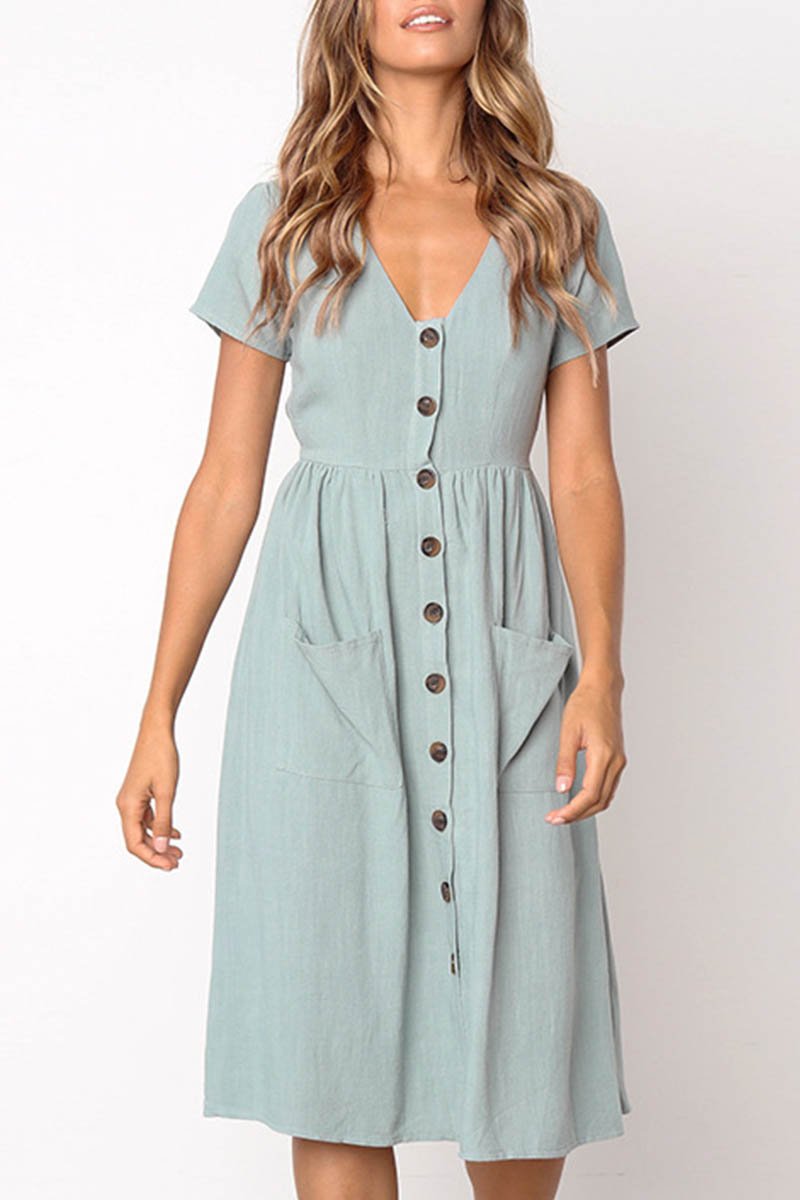 Oklulu V-neck Pocket Midi Dress(4 Colors)