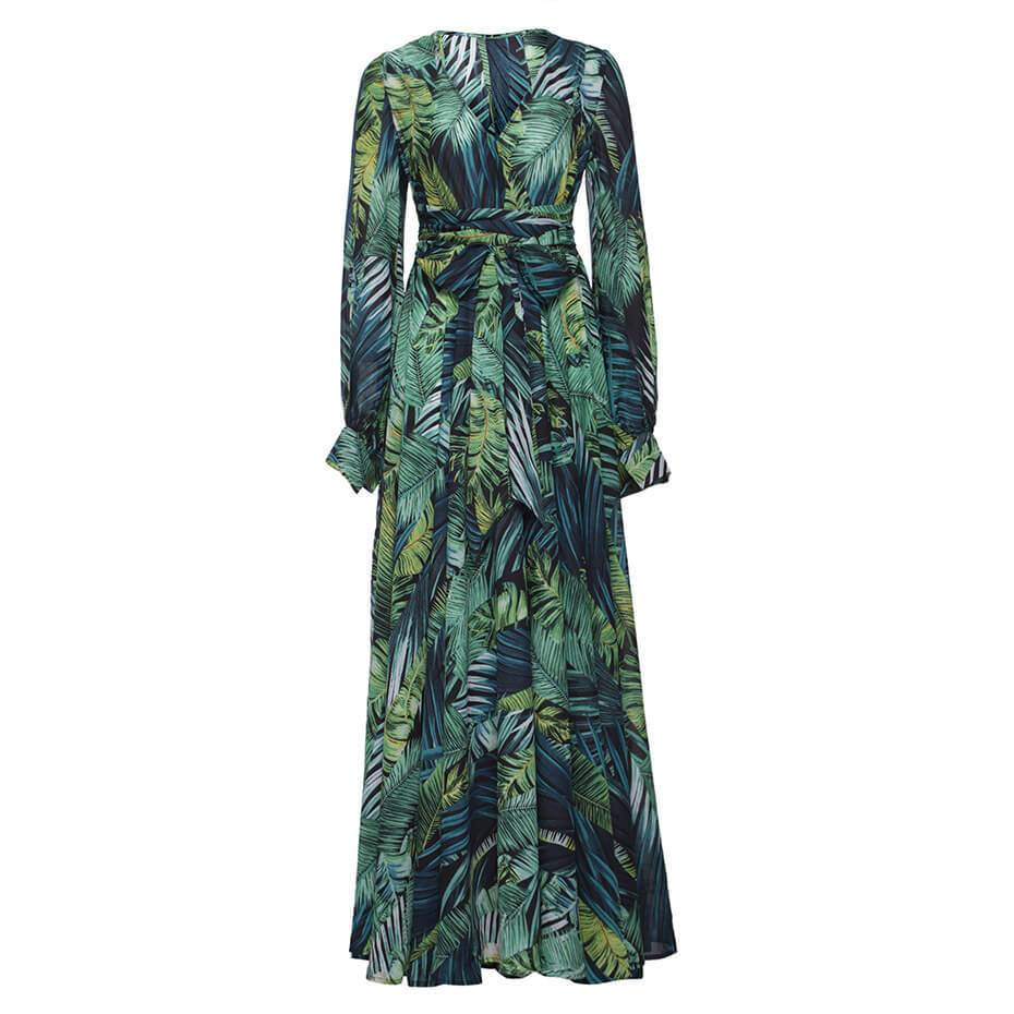 Oklulu V-Neck Leaf Print Maxi Dress