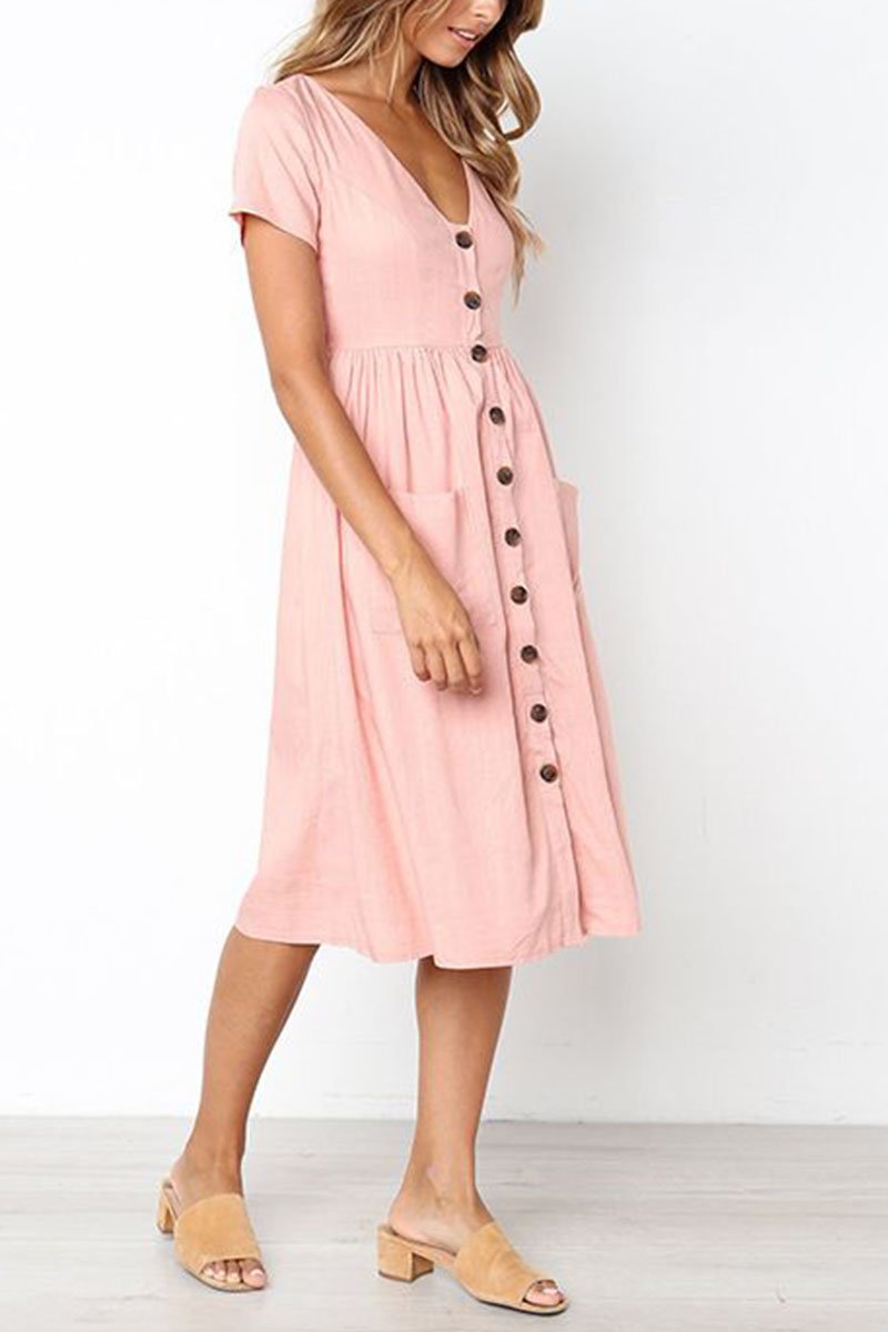 Oklulu V-neck Pocket Midi Dress(4 Colors)