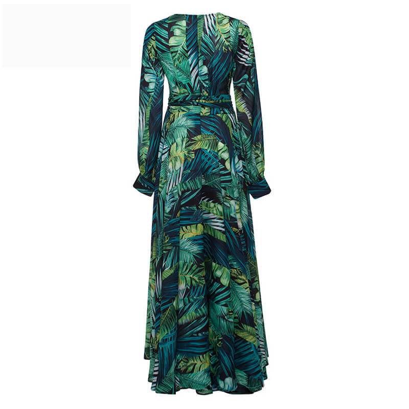 Oklulu V-Neck Leaf Print Maxi Dress