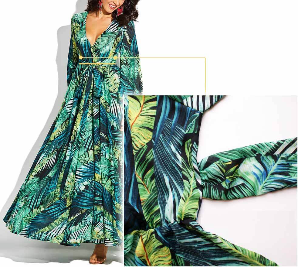 Oklulu V-Neck Leaf Print Maxi Dress