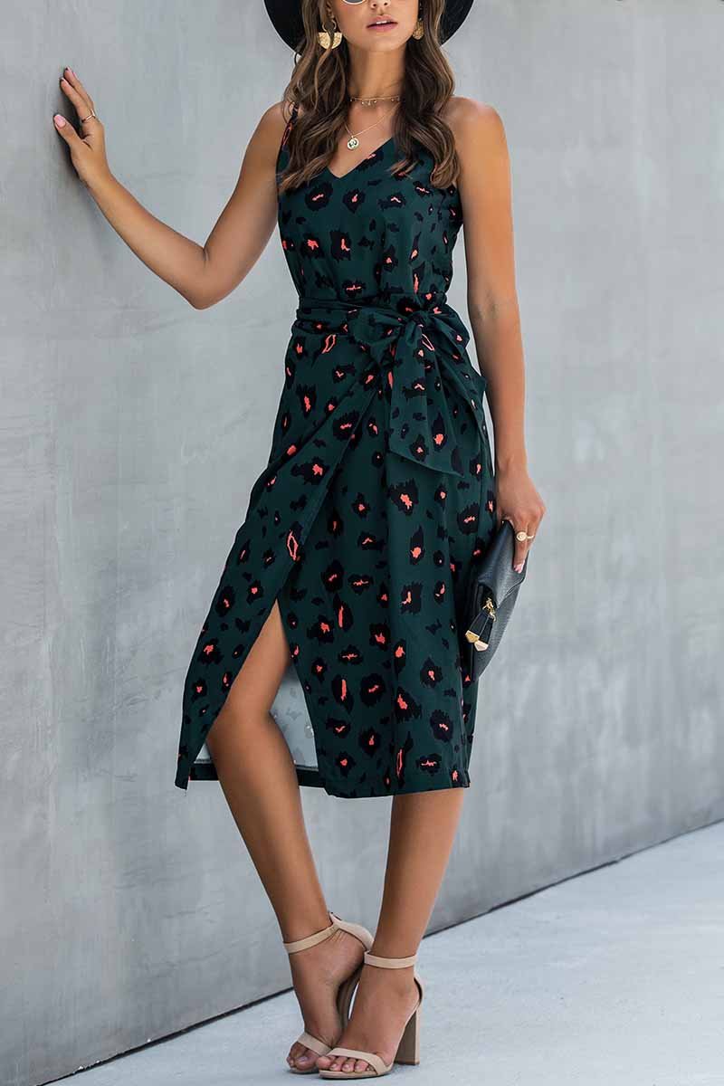 Oklulu V Neck Print Dress With Belts(4 Colors)