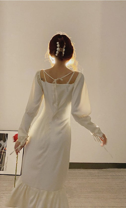 Autumn New style retro sweet one-shoulder square neck puff sleeve trumpet dress women sexy Folds white vintage dresses