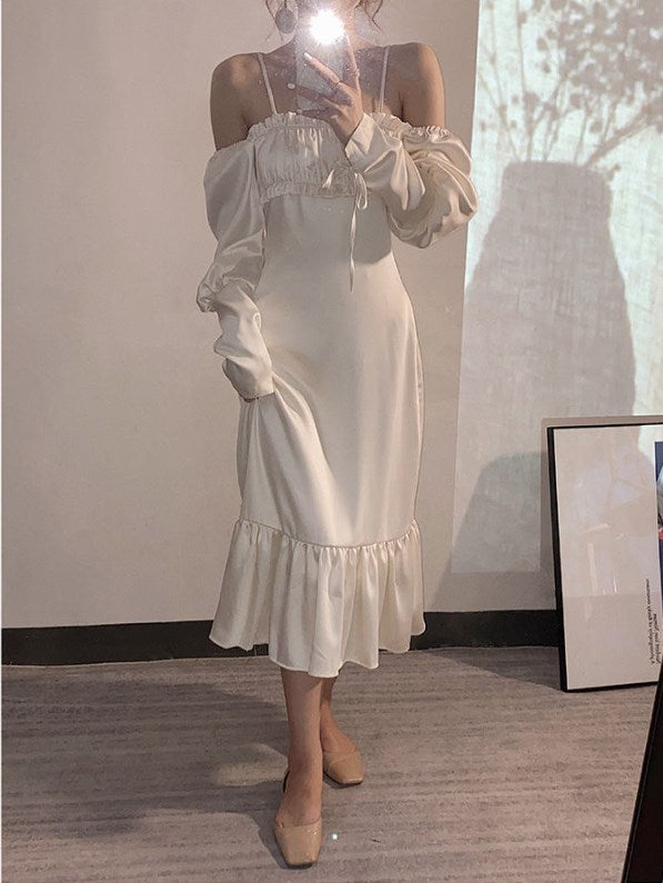 Autumn New style retro sweet one-shoulder square neck puff sleeve trumpet dress women sexy Folds white vintage dresses