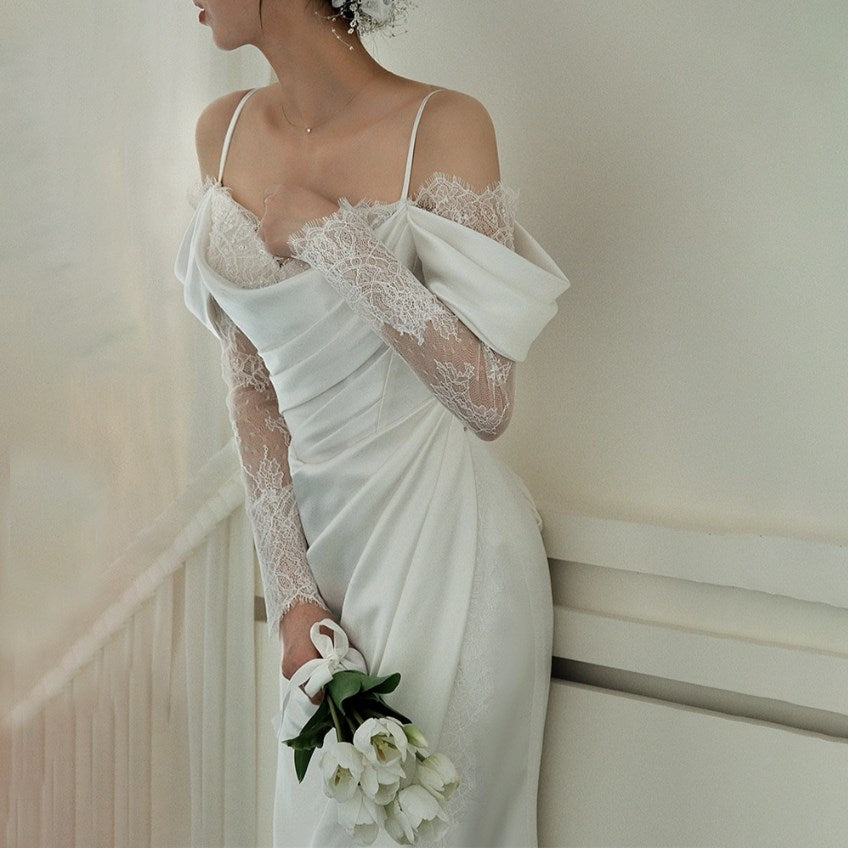 Oklulu Off Shoulder Lace Wedding Gowns Big Size Custom Made A Line Long Sleeves Ruched Satin High Slit Bridal Dress
