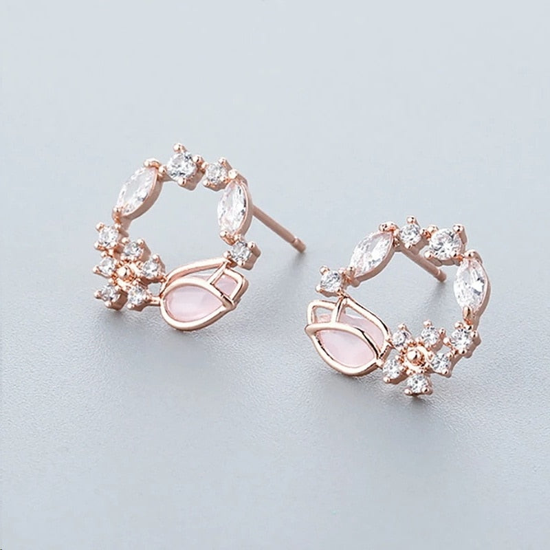 Korean Fashion Classic Round Wreath Pink Green Crystal Flower Stud Earrings Sweet Daisy Flower Ear Jewelry Brinco Gift for Women