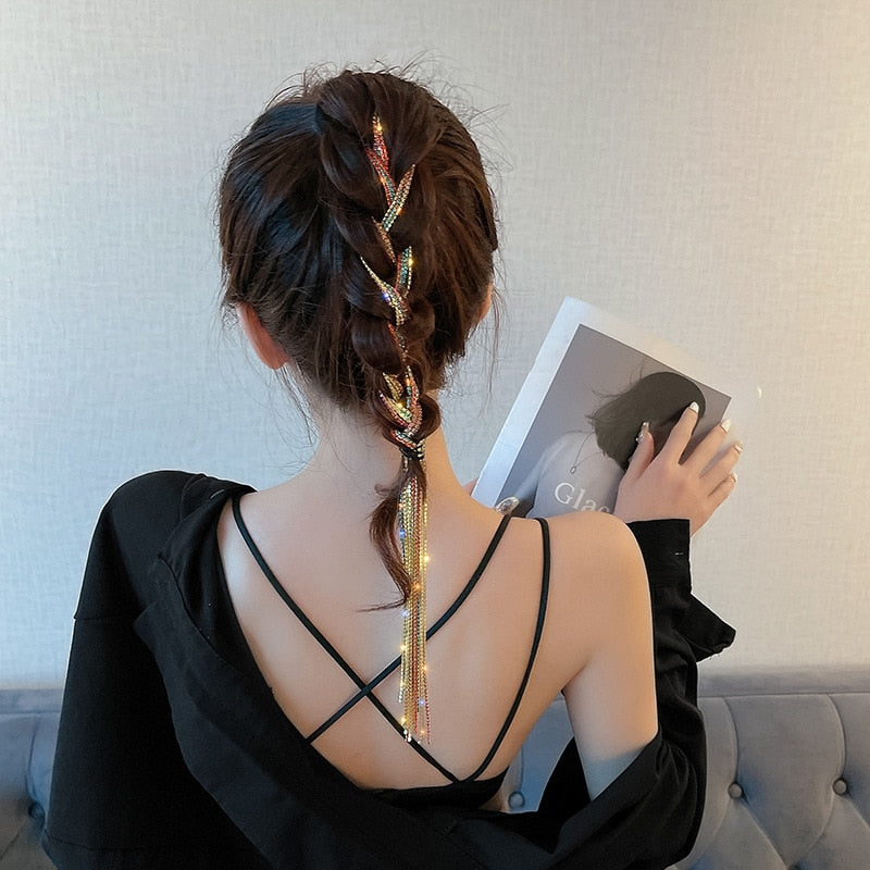 2021 New Flashing Diamond Chain Hairpin Braided Hair Headdress Tassel Hairpin High Sense Temperament Dirty Braided Hairband