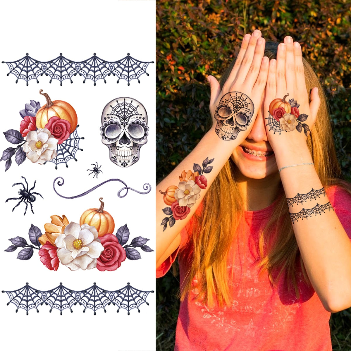 Halloween Pumpkin Spider Temporary Tattoos For Kids Women Realistic Skull Eye Fake Tattoo Sticker Holiday Tatoos Paste Decals