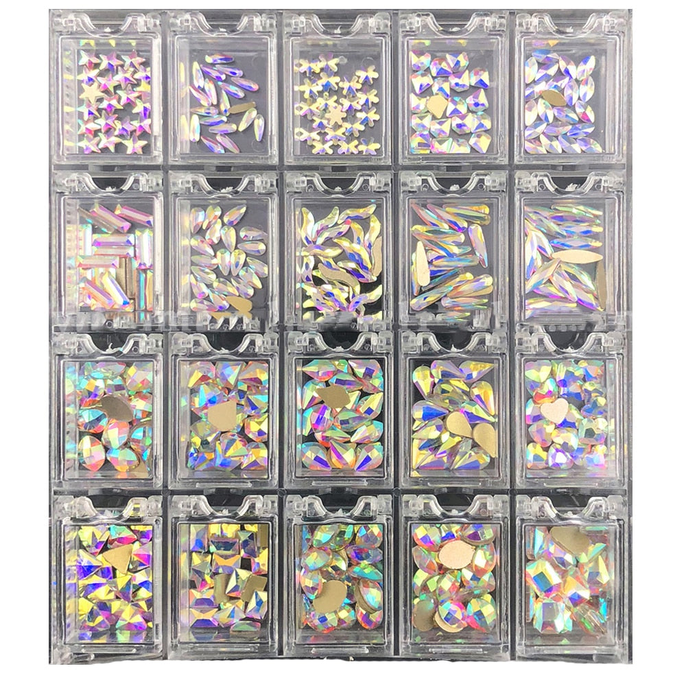 2000PC (20*100) Crystal AB Rhinestone In Grids 20Shape Flat- Back Nail Art Rhinestone With 1 Pick Up Pen In Clear Big Box