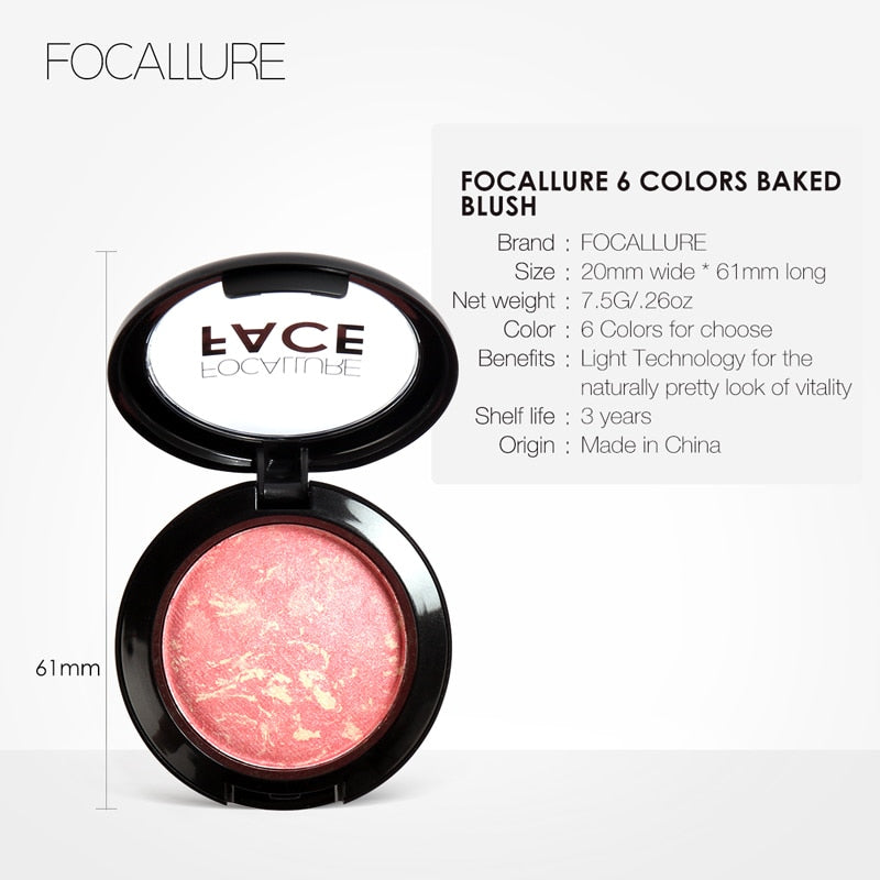 Focallure Baked Blush Face Maquiagem Soft Smooth Mineralize Makeup Blush Palette Bronzer Blusher 6 Colors for Choose