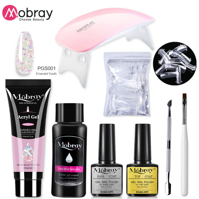 Mobray Poly Nail Gel Kit Nail Set With Nail Drying Lamp Base Top Coat Extension Gel Nail Kit Nail Tools Manicure Set