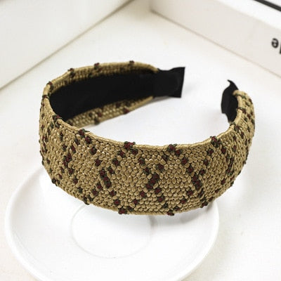 Straw Wide Sponge Plaid Knot Cross Hair Scarf Band Hairband for Women Girl Korea Headbands Fashion Accessorie