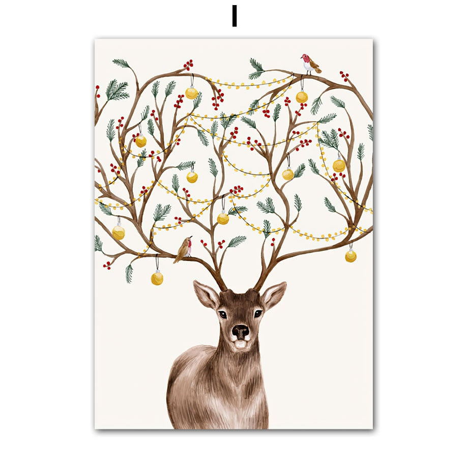 Christmas Red Car Girft Box Deer Snowflake Wall Art Canvas Painting Nordic Posters And Prints Wall Pictures For Living Room Home