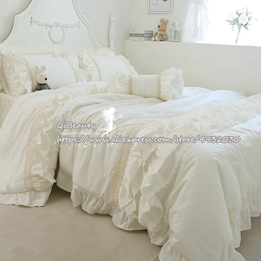 Europe and the United States Princess Solid Color 100% Cotton Bedding 100% Cotton 4-Piece Set Ruffled White Bed Skirt