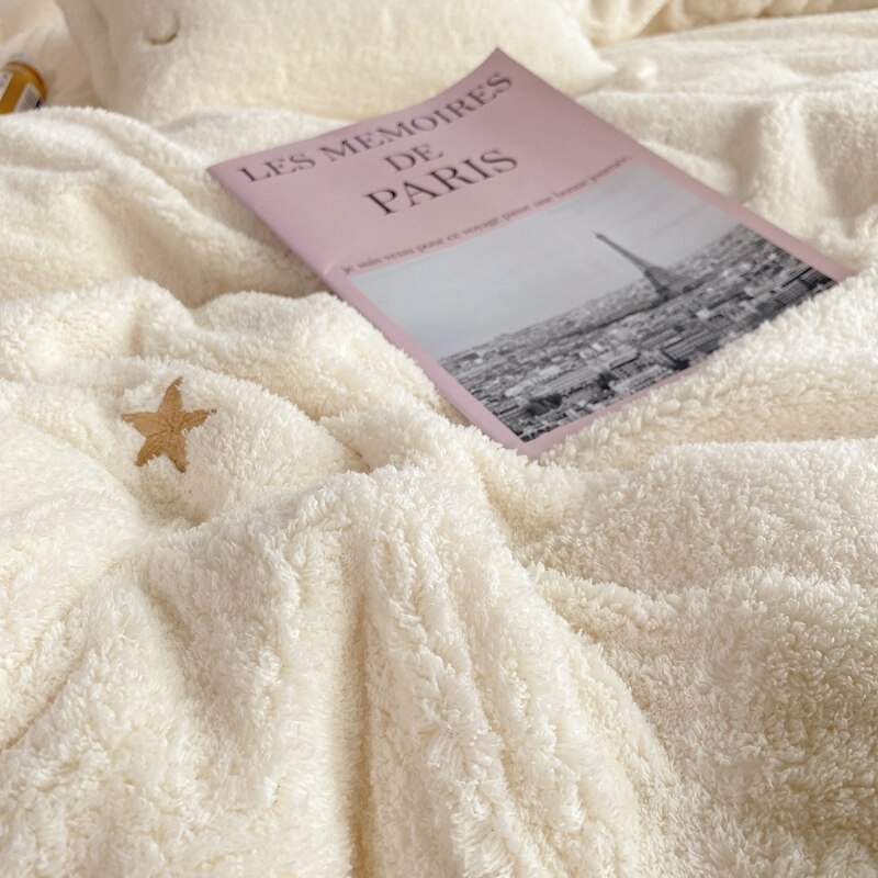 White Winter Warm Berber Fleece Star Embroidery Princess Bedding Set Double Duvet Cover Set Bed Sheet Pillowcases Home Textiles