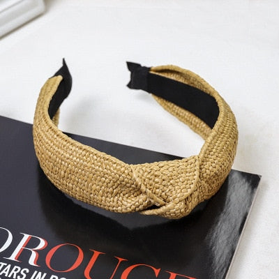 Straw Wide Sponge Plaid Knot Cross Hair Scarf Band Hairband for Women Girl Korea Headbands Fashion Accessorie