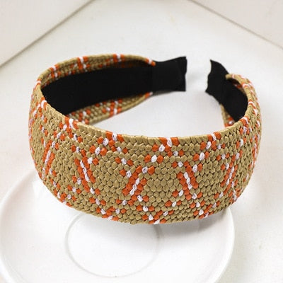 Straw Wide Sponge Plaid Knot Cross Hair Scarf Band Hairband for Women Girl Korea Headbands Fashion Accessorie