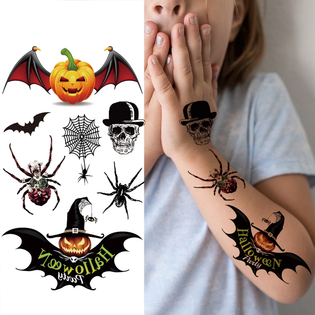 Halloween Skull Flower Temporary Tattoos For Kids Men Women Spider Wizard Clown Fake Tattoo Stickers Unique skeleton Tatoos