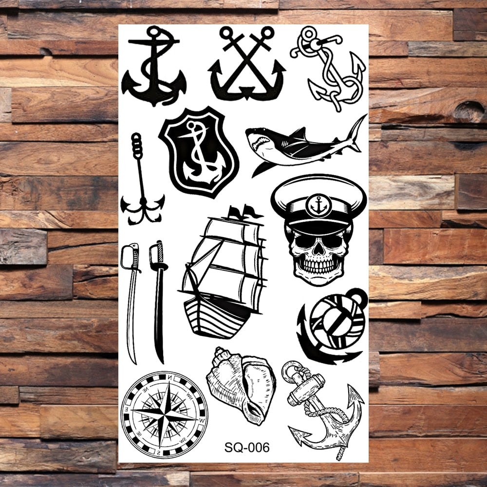 Skull Anchor Halloween Temporary Tattoos For Adults Children Realistic Pirate Panda Compass Fake Tattoo Sticker Body Neck Tatoos