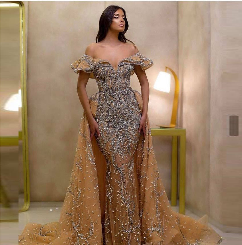 Luxury Crystal Evening Dresses With Detachable Train Women Beaded Prom Dress Cap Sleeves Champagne Tulle Party Gowns