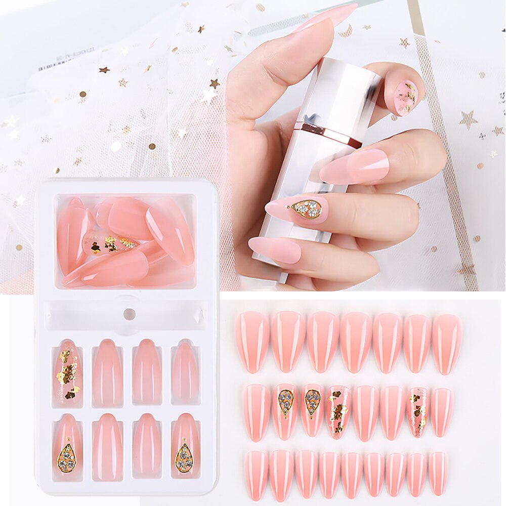 24 Pcs/Box False Nail Glitter Mirror Aurora Full Cover Nail Tips Coffin Fake Nails Gradient Nail DIY Decoration