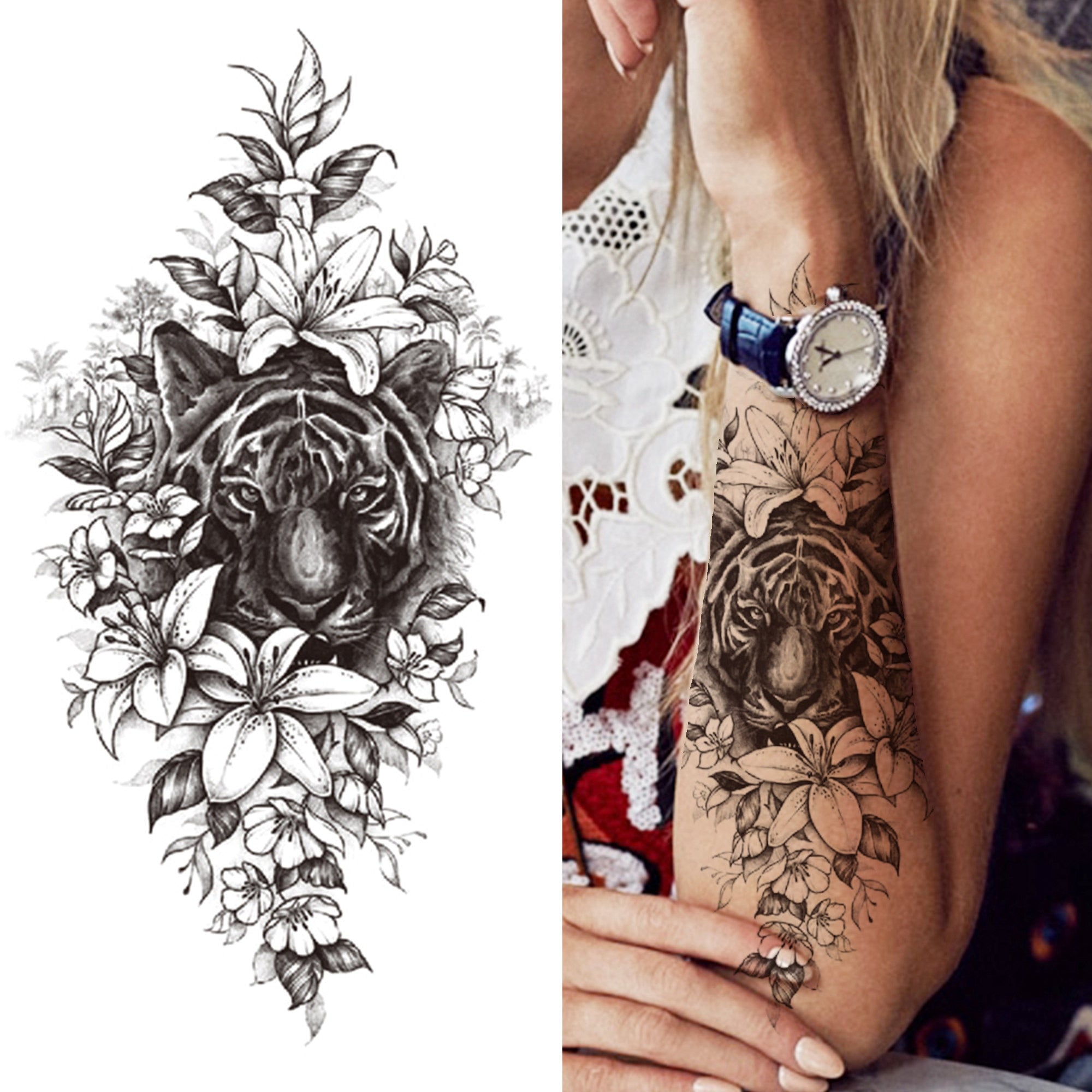 Black Forest Tattoo Sticker For Men Women Children Tiger Wolf Death Skull Temporary Tattoo Fake Henna Skeleton King Animal Tatoo