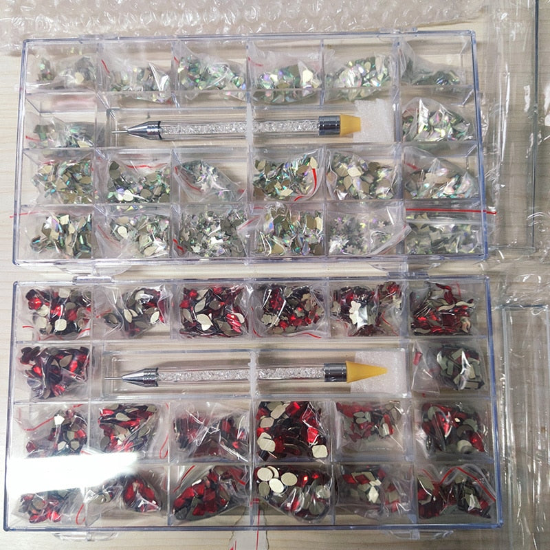 2000PC (20*100) Crystal AB Rhinestone In Grids 20Shape Flat- Back Nail Art Rhinestone With 1 Pick Up Pen In Clear Big Box