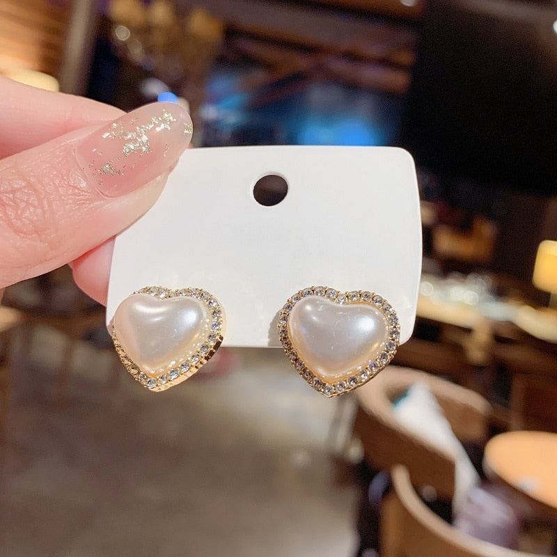 Korean Imitation Pearls Stud Earrings Geometric Circle Bowknot Flower Heart Leaf Sparkling Zircon Earrings For Women Girls Gift