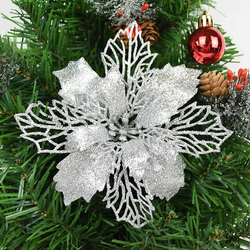 5pcs 9-16cm Glitter Artifical Christmas Flowers Christmas Tree Decorations for Home Fake Flowers Xmas Ornaments New Year Decor