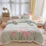 Super Soft Coral Fleece Warm Cozy Tulip Embroidery Princess Bedding Set Velvet Flannel Ruffle Duvet Cover Bed Linen Pillowcase