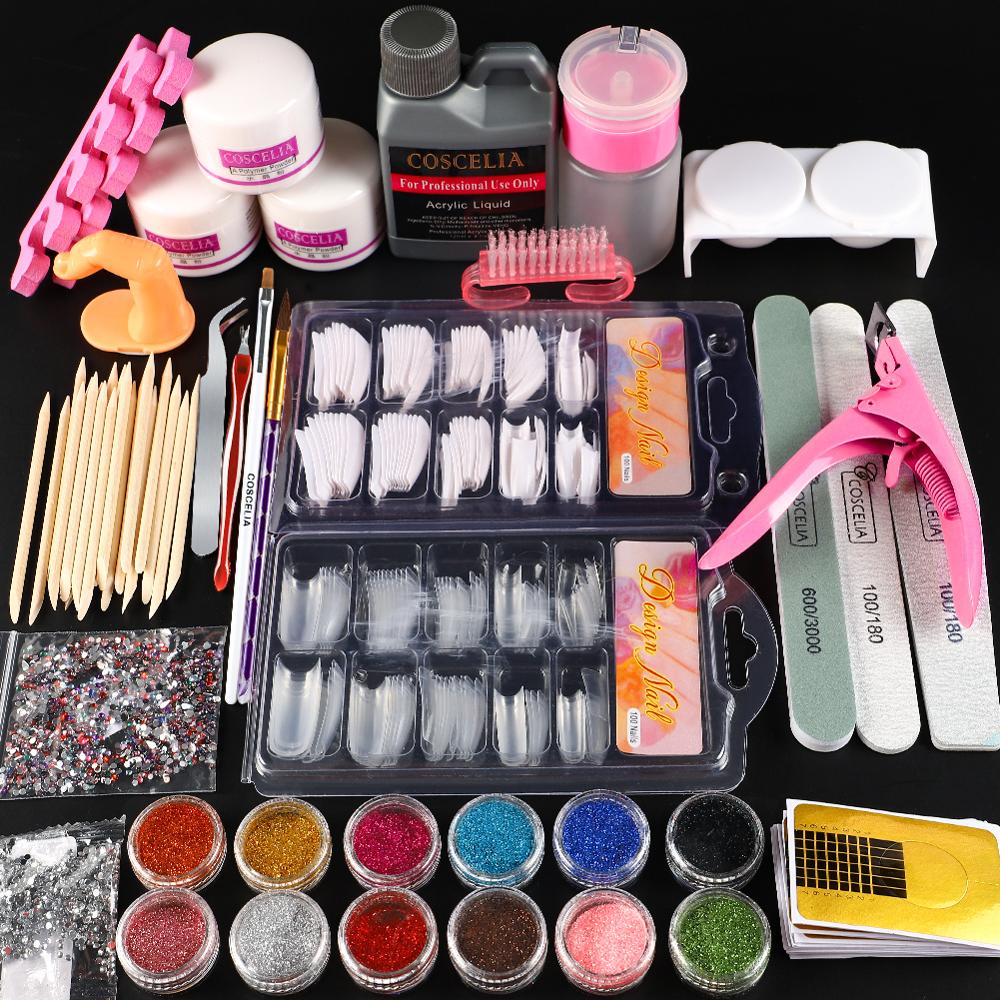 COSCELIA Nail Acrylic Liquid Glitter Powder Manicure Set UV Gel Nail Art Tools Acrylic Nail Kit Brush Fake Nails Supplies Sets