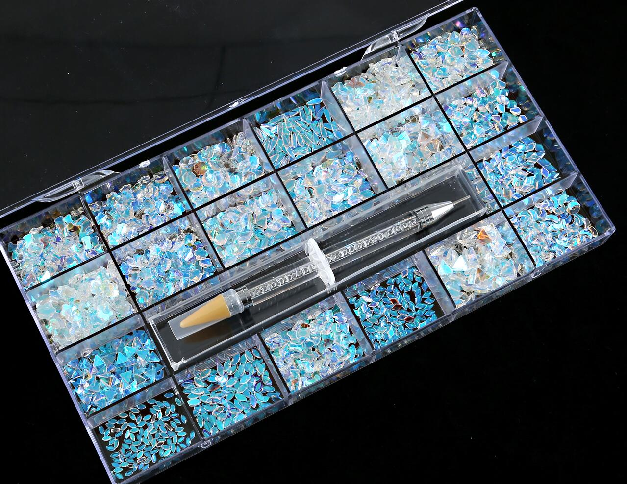 2000PC (20*100) Crystal AB Rhinestone In Grids 20Shape Flat- Back Nail Art Rhinestone With 1 Pick Up Pen In Clear Big Box